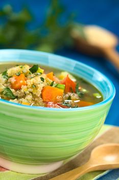 Vegetarian quinoa soup with carrot, potato, leek and tomato, sprinkled with parsley and scallion in colorful bowl (Selective Focus, Focus one third into the soup)