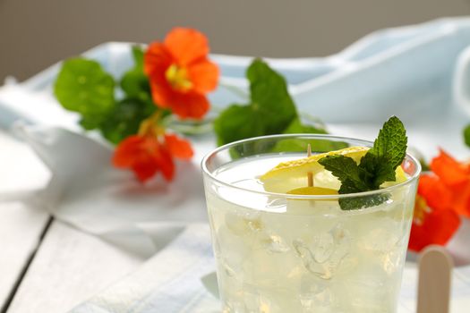 Delicious lemon drink with sliced fresh lemon and mint.