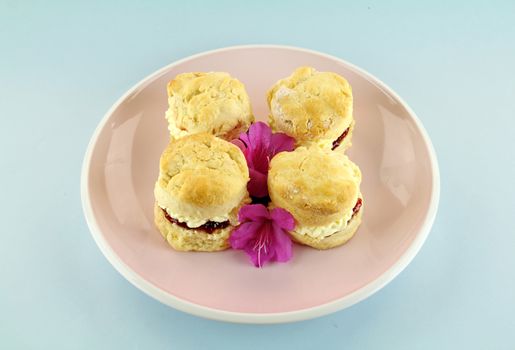 Fresh baked homemade scones with jam and cream on a plate.