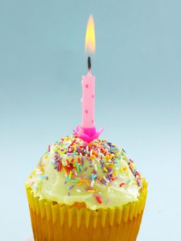 Cute single cup cake with a burning Birthday candle.