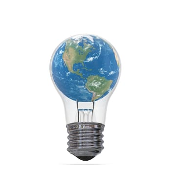 Planet Earth inside lightbulb isolated on white background