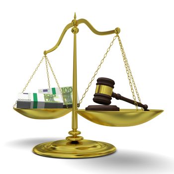 Concept of profits versus justice, with golden scale isolated on white background