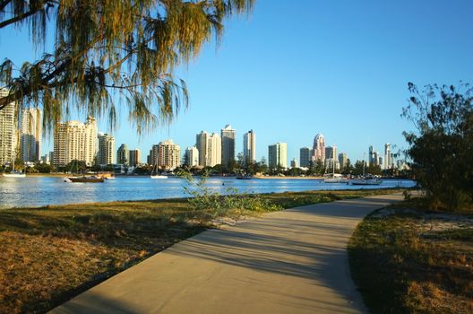 View across the Nerang River to Main Beach and Surfers Paradise on the Gold Coast Australia.