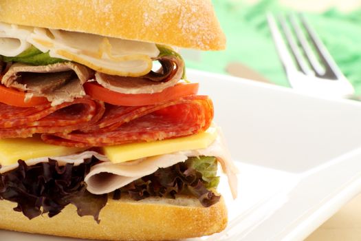 Mega meat roll consisting of ham, salami, roast beef and turkey with cheddar cheese and salad.