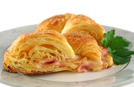 Hot melted cheese and ham croissant ready to serve.