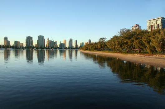 Main Beach Gold Coast Australia seen from Southport across the Broadwater at sunrise.