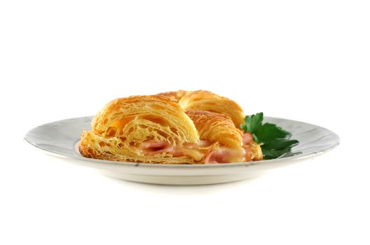Hot melted cheese and ham croissant ready to serve.