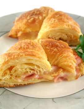 Hot melted cheddar cheese and ham croissant ready to serve.
