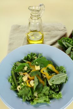 Delicious mixed leaf salad with blue cheese dressed with olive oil.