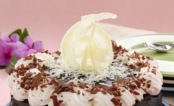 White chocolate sculpture atop a chocolate mud cake.