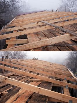 General view of the wooden rafters in the roof construction in foggy weather
