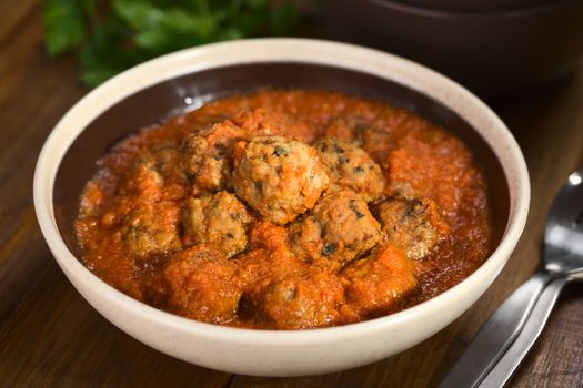 Spanish albondigas (meatballs) in tomato sauce in bowl (Selective Focus, Focus on the meatball on the top)