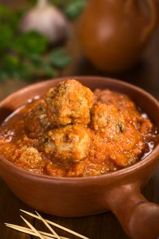 Spanish albondigas (meatballs) in tomato sauce in rustic bowl with toothpick in the front (Selective Focus, Focus on the meatball on the top)