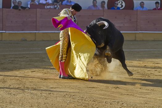 Jose Luis Moreno with the capote in Priego de Cordoba, province of Cordoba, Spain