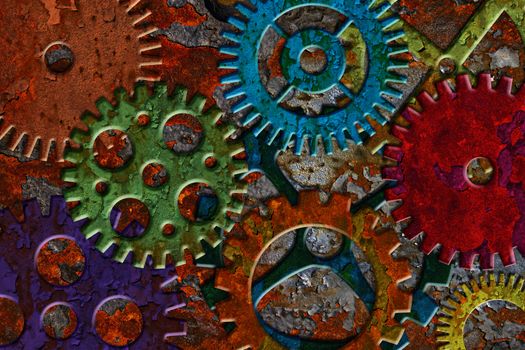 Rusty Colorful Metal Gears on Grunge Texture Background
