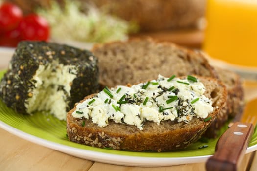 Slice of wholegrain bread spread with goat cheese with herbs with chives on top (Selective Focus, Focus one third into the cheese on the top of the bread) 