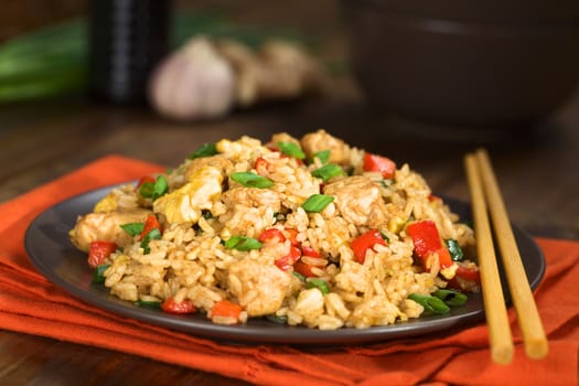 Homemade Chinese fried rice with vegetables, chicken and fried eggs served on a plate with chopsticks (Selective Focus, Focus one third into the dish)