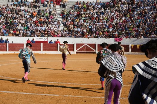 Bullfighters at the paseillo or initial parade. Viilanueva del Arzobispo, Jaen province, Andalusia, Spain, 12 september 2008