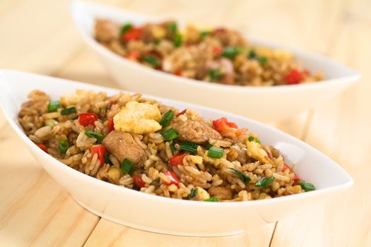 Homemade Chinese fried rice with vegetables, chicken and fried eggs served in bowl (Selective Focus, Focus on the top of the dish)