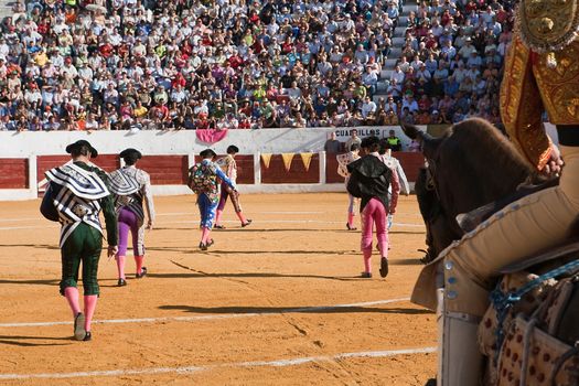 Bullfighters at the paseillo or initial parade. Villlanueva del Arzobispo, Jaen province, Andalusia, Spain, 12 september 2008