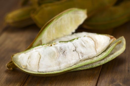 Peruvian fruit called Pacay (lat. Inga feuilleei), which is a podded fruit of which the sweet white pulp surrounding the seeds is being eaten (Selective Focus, Focus on the lower two thirds of the pulp)