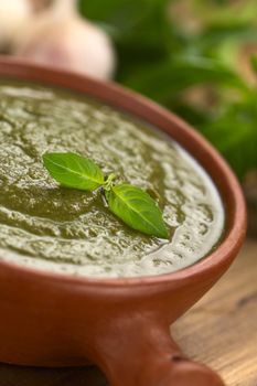 Fresh pesto made of basil and spinach in a rustic bowl garnished with fresh basil leaf (Selective Focus, Focus on the basil leaf on the pesto)  