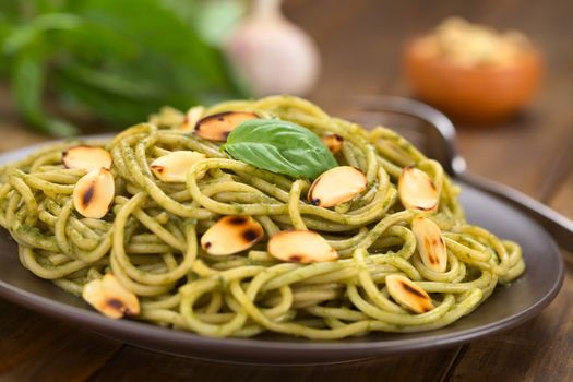 Pasta with pesto made of basil and spinach garnished with roasted almonds served on a brown plate (Selective Focus, Focus on the lower edge of the basil leaf on the dish)  