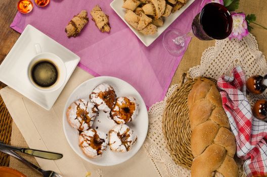 Full frame take of assorted homemade Hanukkah food