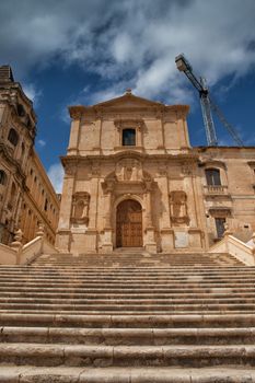 Ruins of baroque style cathedral in old town Noto, Sicily, Italy