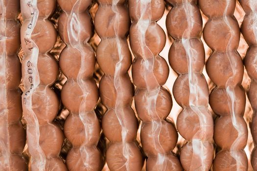 Detail of packages of sausage vacuum-packaged