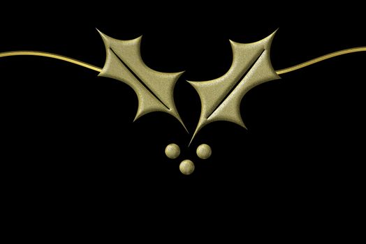 Christmas card in gold and black, gold holly and bow on black background and copy space