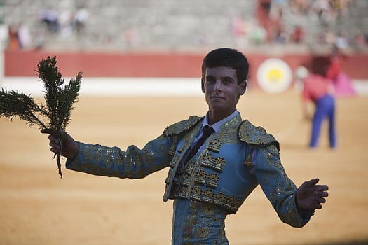 The Spanish Bullfighter David Galvan to the turning of honour with a bouquet of Rosemary in his hand, Baeza, province of Jaen, Spain, 27 june 2009