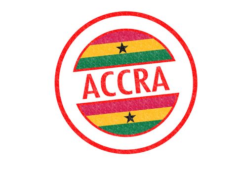 Passport-style ACCRA (capital of Ghana) rubber stamp over a white background.