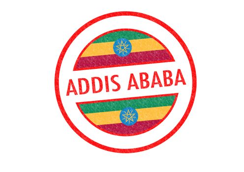 Passport-style ADDIS ABABA (capital of Ethopia) rubber stamp over a white background.