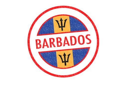 Passport-style BARBADOS rubber stamp over a white background.