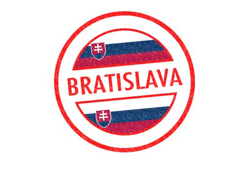 Passport-style BRATISLAVA (Slovakia) rubber stamp over a white background.