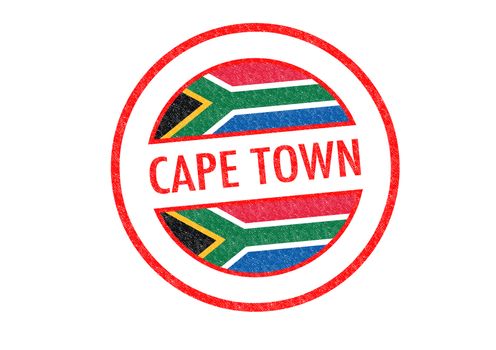 Passport-style CAPE TOWN (South Africa) rubber stamp over a white background.