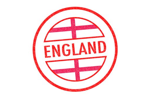 Passport-style ENGLAND rubber stamp over a white background.