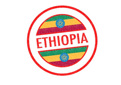 Passport-style ETHIOPIA rubber stamp over a white background.