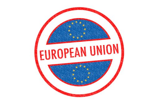 Passport-style EUROPEAN UNION rubber stamp over a white background.