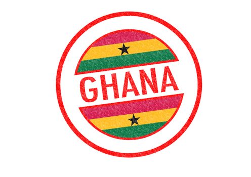 Passport-style GHANA rubber stamp over a white background.