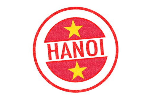 Passport-style HANOI (capital of Vietnam) rubber stamp over a white background.