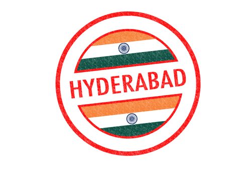 Passport-style HYDERABAD (India) rubber stamp over a white background.