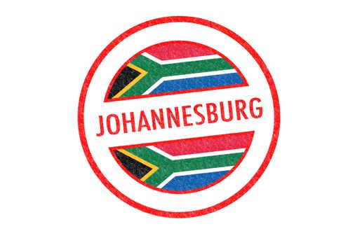 Passport-style JOHANNESBURG (South Africa) rubber stamp over a white background.