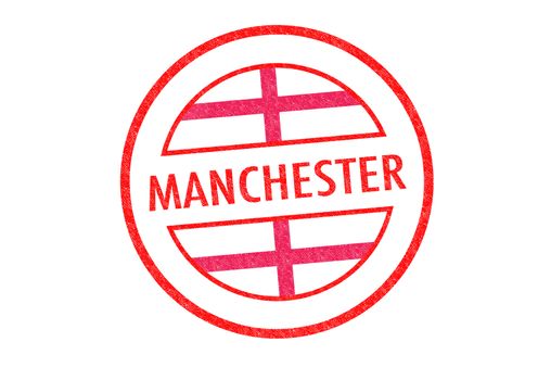 Passport-style MANCHESTER rubber stamp over a white background.