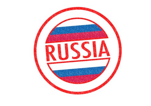 Passport-style RUSSIA rubber stamp over a white background.