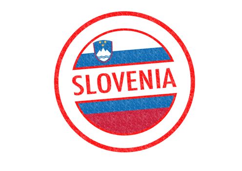 Passport-style SLOVENIA rubber stamp over a white background.