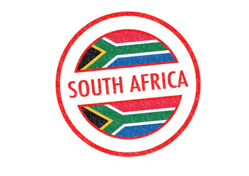 Passport-style SOUTH AFRICA rubber stamp over a white background.