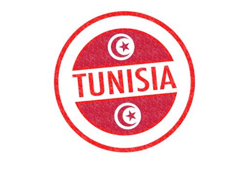 Passport-style TUNISIA rubber stamp over a white background.