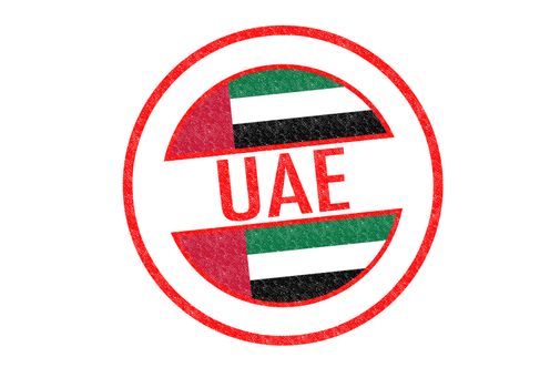 Passport-style UAE (United Arab Emirates) rubber stamp over a white background.